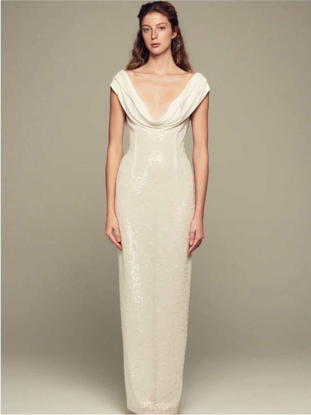 Ikinita Elegant Ivory Draped Sequin Column Dress